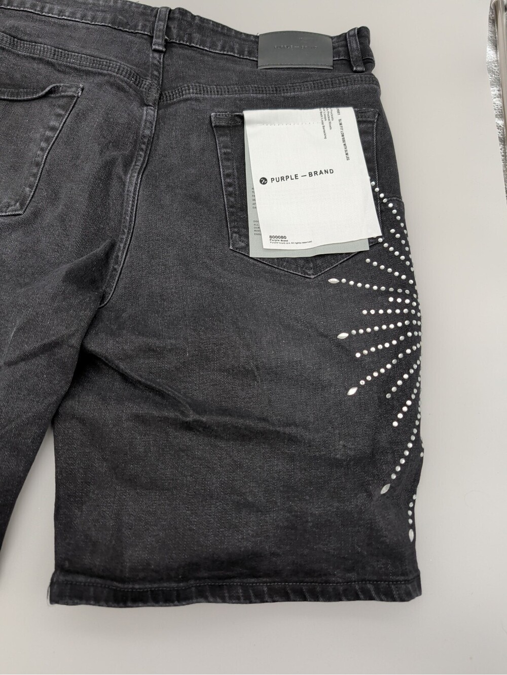 Purple Brand Black Denim Shorts with Silver Studded Sunburst Design Size 38 - Picture 10 of 15